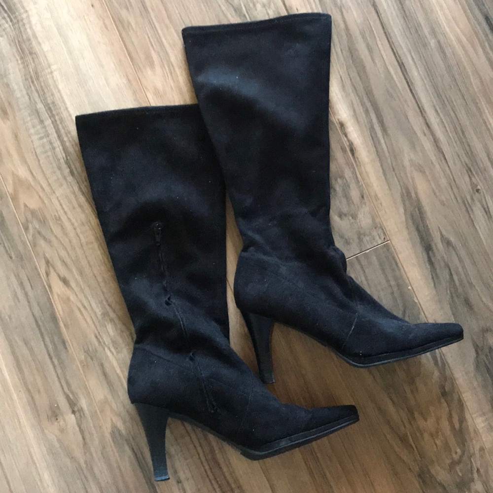 Black tall suede zippered boot. 3” heel. Size 6.5